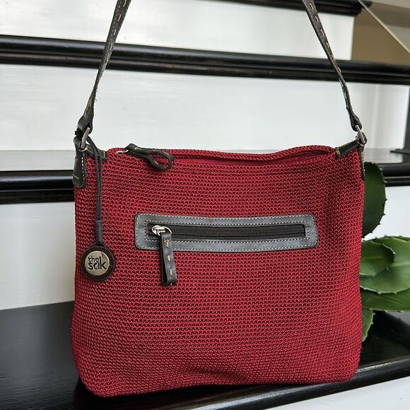The Sak genuine leather woven fabric shoulder tote purse red brown - Picture 1 of 9